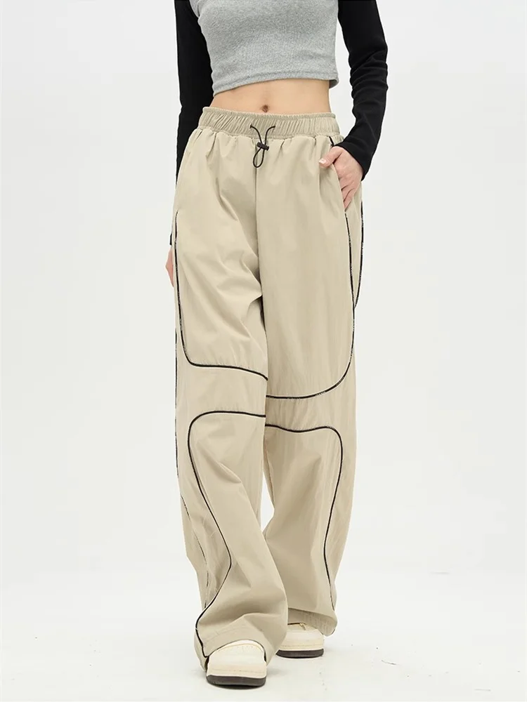 

QWEEK Y2K Gorpcore Khaki Track Pants Woman Streetwear Striped Reflective Black Sweatpants Oversized Vintage Wide Leg Trousers