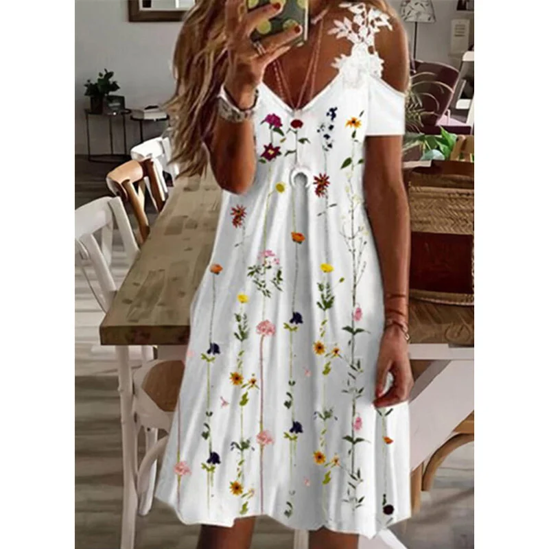 

Ladies Summer Dress Women Short Sleeve V-neck Elegant Dresses Party Casual Printed Vintage Female Dress For Women 2023