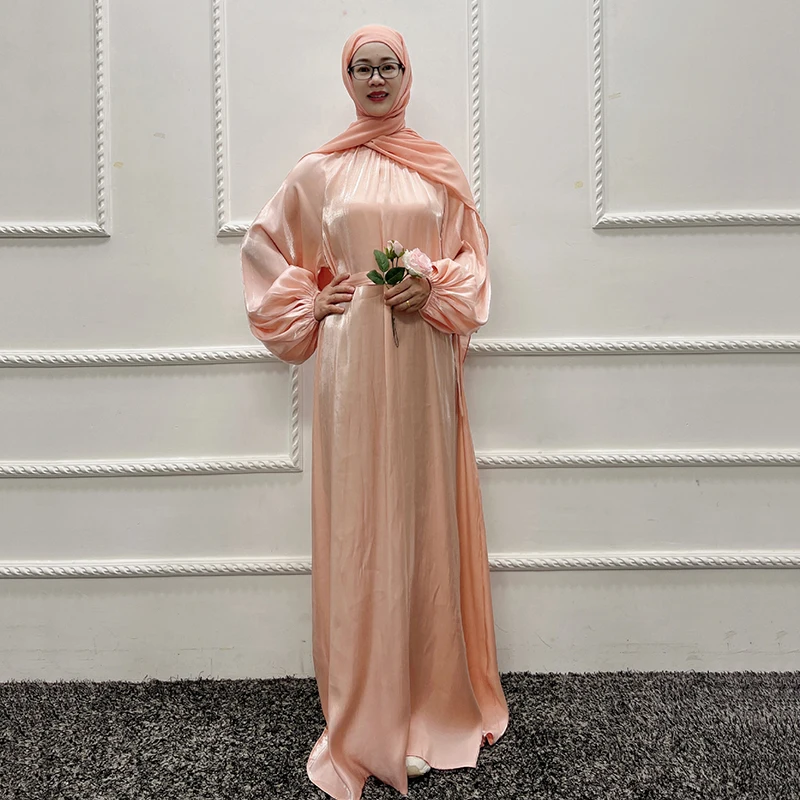 Satin Long Dress Muslim Women Abayas With Puff Sleeves 2022 Plus Size For Hijab Middle East Turkish Arabian Eid Dresses Dubai