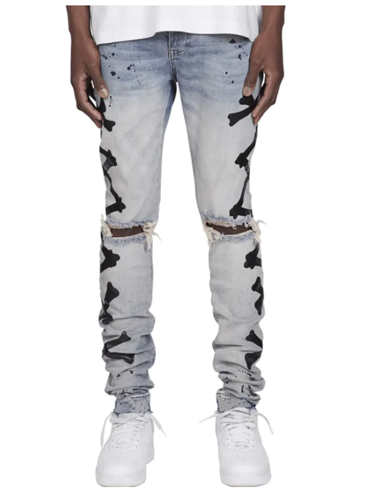 Jeans For Men 2023 Gradient Color Ripped White Dots Jeans Male Motor Biker Skinny Jeans Homme Men's Clothing Zipper Denim Pants