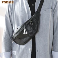pndme fashion daily genuine leather mens black small chest bag casual luxury natural real cowhide outdoor sports shoulder bag