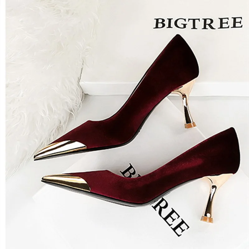 Women Corduroy High Quality Metal Toe Pumps Long Mouth Null Shoes 7cm Med Gold Thin Heels Beige Wine Zapatos De Mujer 34-40 25cm