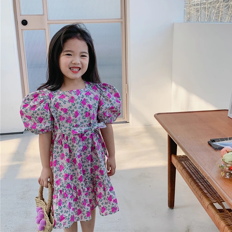 

Summer Girls Dress Baby Dress Kids Dress Children Clothes Fahion Royal Style Floral Print Puff Sleeve Waist Bow Cotton 1-6Y