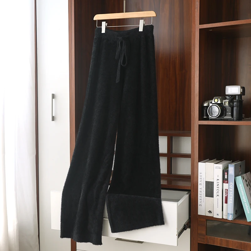Женские широкие брюки из кашемира однотонные вязаные удобные мягкие длинные