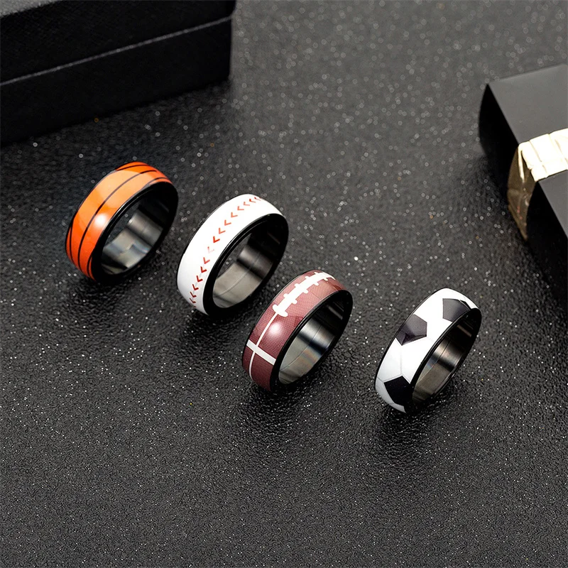 

Football Basketball Baseball Rugby Titanium Steel Ring Sporting Goods Jewelry Rotating Decompression Jewelry Niche Design Ring