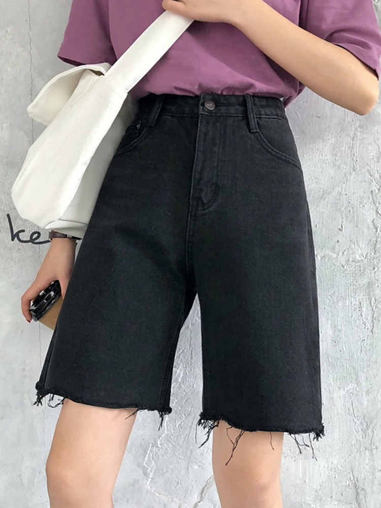 

Fitaylor Summer Women High Waist Straight Loose Black Denim Shorts Casual Female Wide Leg Raw Hem Jeans Bermuda Shorts Bottoms