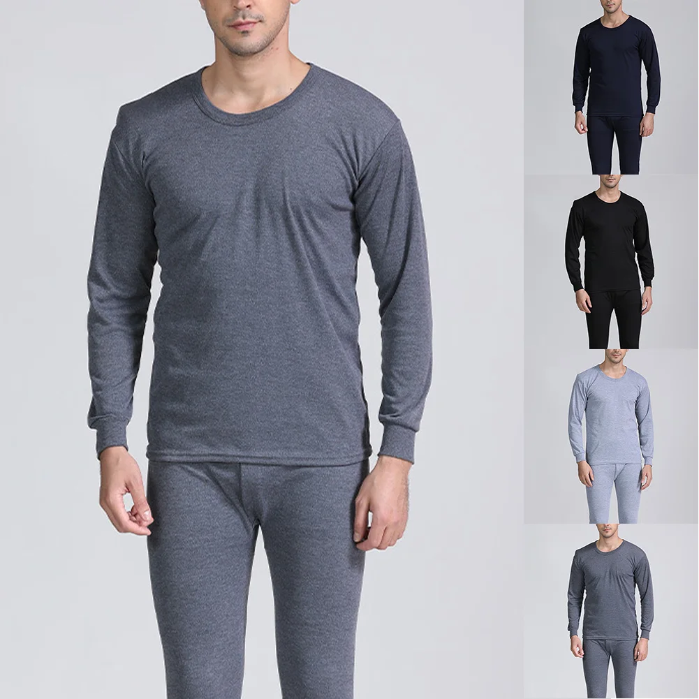 

Mens Soft Fleece Thick Lined Thermal Crew Neck Top Bottom Long John Warm Base Layer Underwear Set Top + Pants