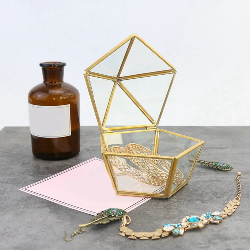 Copper Frame Geometric Shape Handicraft Glass Flower Room Small Pentagonal Open Lid Jewelry Box