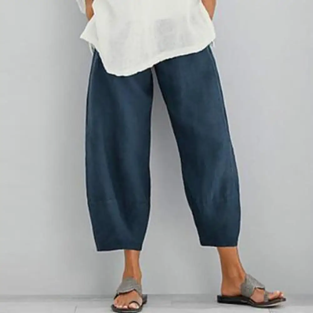 Women Cotton Linen Pants Loose Comfort Elastic Waist Harem Pants Vintage Solid Casual Pockets Wide Leg Trousers Cropped Pants