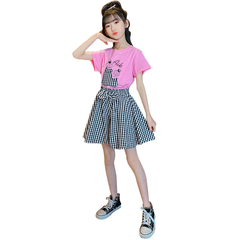 

Fashion Girls Clothing Summer New Short Sleeve Set Round Neck Letter Print T-shirt Top + Plaid Skirt 2pcs Casual Teen Wear 4-12Y