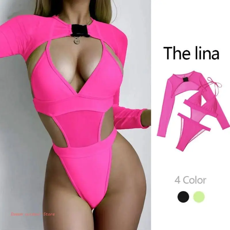 

Women's Bodycon Sexy Cutout Swimsuits Two Pieces Rave Outfits One Piece Bathing Suit Mesh Shrug with Buckle for Clubwear