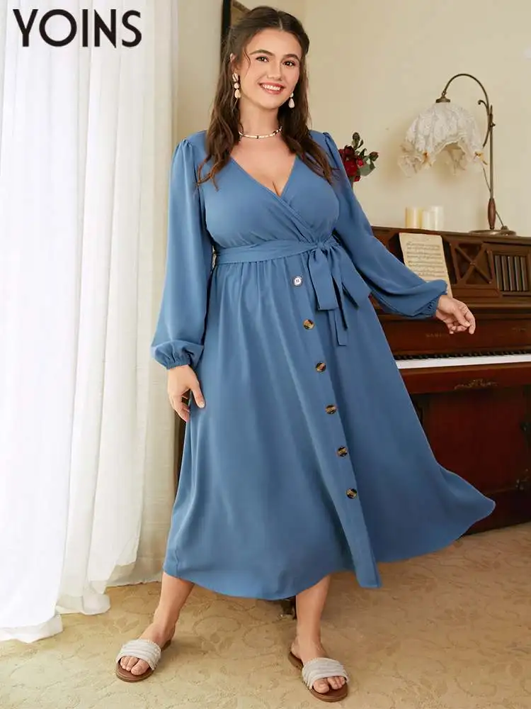 

YOINS 2023 Summer Spring Women Dress Plus Size Puff Long Sleeve Solid Bottons V Neck Vestidos Long Dresses OL Work Streetwear