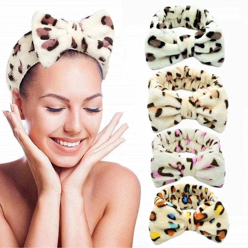 

Headbands for Women Spa Head Band Leopard Bow Hairband Soft Coral Fleece Makeup Headwrap Face Wash Bathroom Hair Accessories