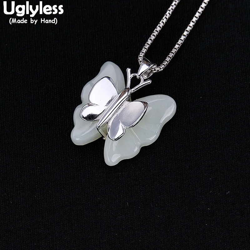 

Uglyless 100% Real Solid 925 Sterling Silver Handmade Butterfly Pendants for Women Natural Jade Fine Jewelry Gemstones Necklaces