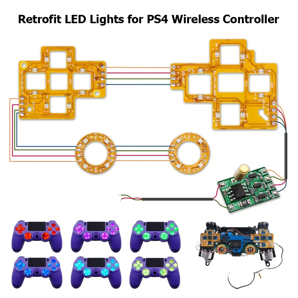 

Multi-Colors Luminated D-Pad Thumsticks Face Buttons DTF LED Kit for PS4 Controller 6 Colors Press Control with Buttons