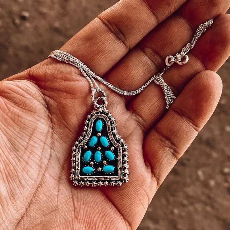 

Bohemian Ethnic Style Geometric Faux Turquoise Pendant Necklace for Women Silver Color Vintage Party Vacation Jewelry
