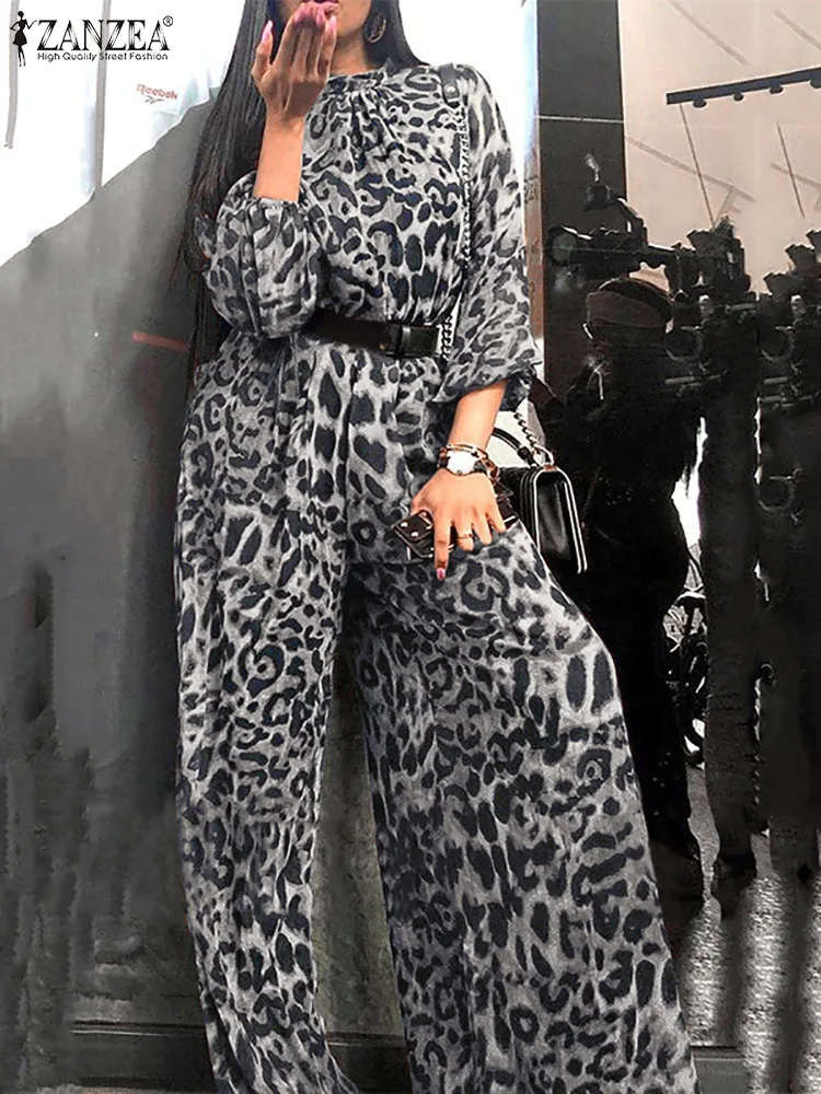 

2022 Spring Overalls Oversize Women Fashion Wide Leg Rompers ZANZEA Party Leopard Printed Playsuit Casual Holiday Baggy Jumpsuit