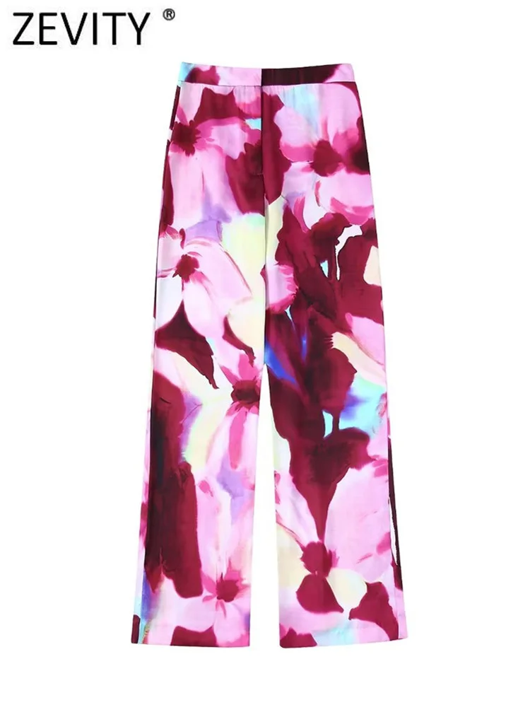 

Zevity Women Tropical Ink Painting Floral Print Soft Satin Pants Female Chic Zipper Fly Long Trousers Pantalones Mujer P1999