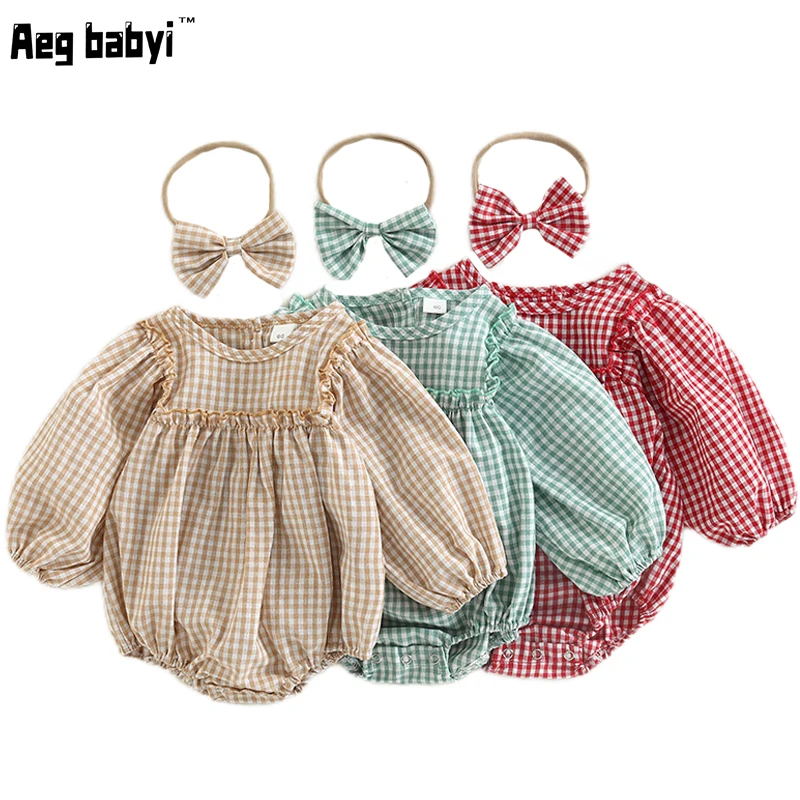

Fashion Toddler Baby Girls Romper Outfits Set Cotton Plaid BubbleSleeve Jumpsuit + Bow Headband Sweet New Born Infant Clothing