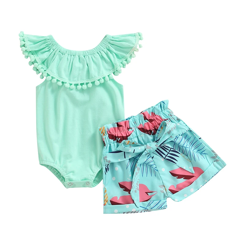 

0-18M Newborn Baby Girl Tassel Ball Bodysuit Tops Print Shorts Pant Bottom 2PCS Outfits Summer Clothes Set