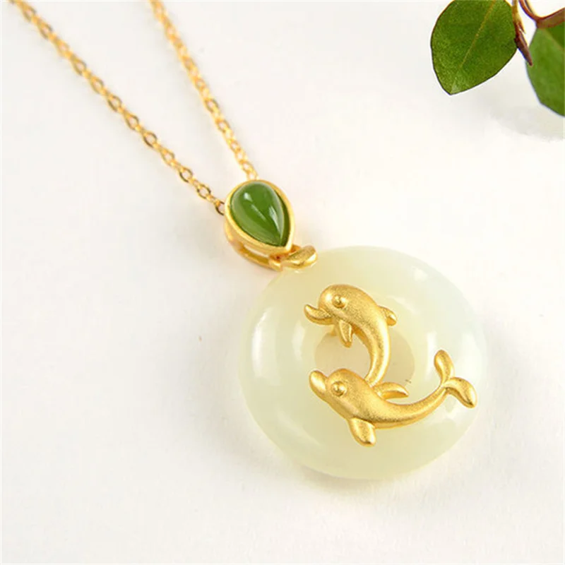 

High-end Jade Round Buckle Double Dolphin Pendant Necklace Women Jewelry Trendy S925 Chain Necklace For Girlfriend Gift