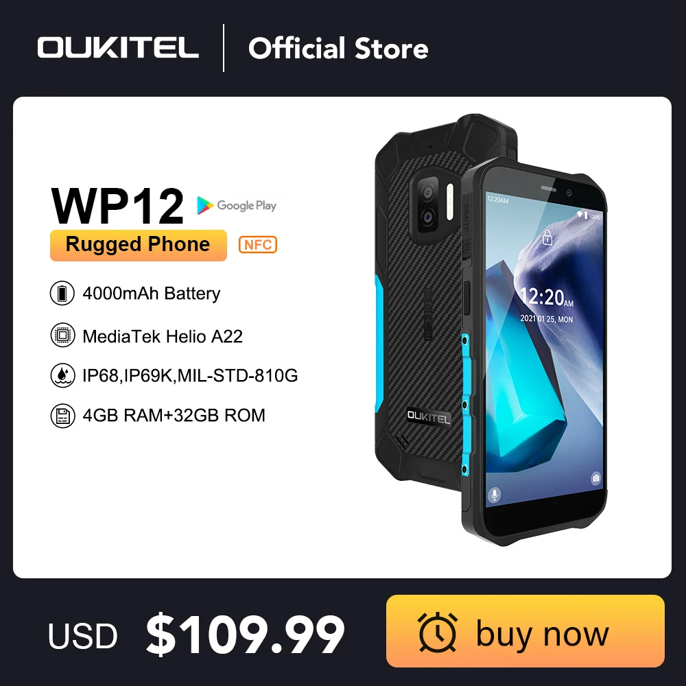 Oukitel Rugged IP68/69K WP12 SmartPhone 4GB+32GB 4000mAh Quad Core Android11 Mobile Phone 5.5'' HD+500W/1300W 13MP Camera Phone