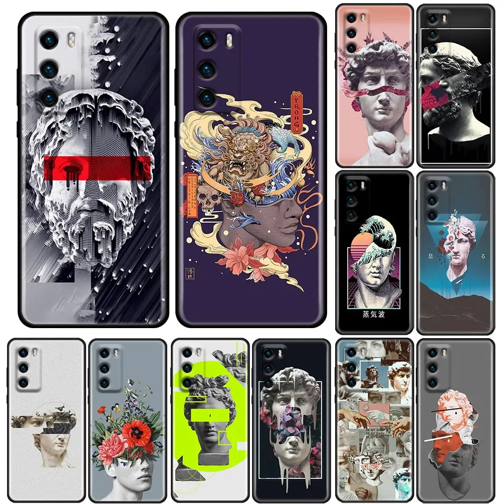 

Phone Case for Huawei P10 P20 Case P30 P40 Lite P50 Pro Plus P Smart Z Soft Silicone Cover Funny Plaster Art David Statue Flower