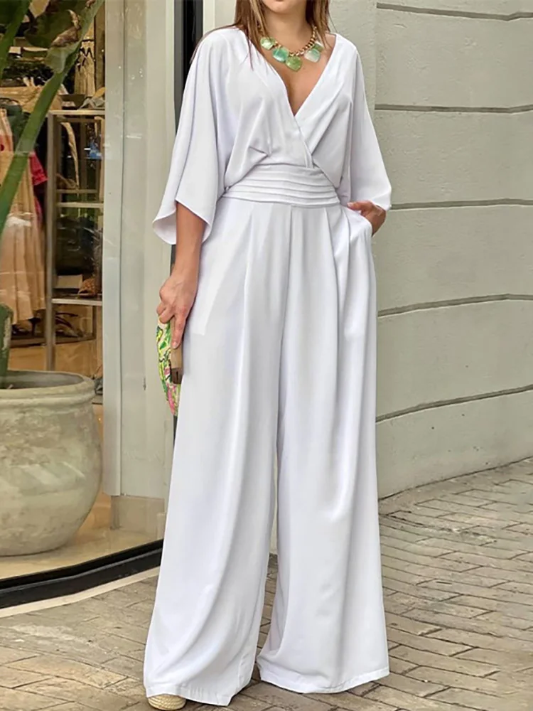 

Autumn Women's 7/4 Sleeves Casual Style Polyester Material 2023 New Fashion V-Neck Loose High Waist Jumpsuit