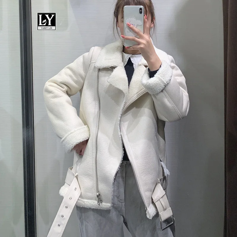 LY VAREY LIN Women Beige Fur Faux Lamb Leather Jacket Coat with Belt Turn Down Collar Winter Thick Warm Zipper Coat