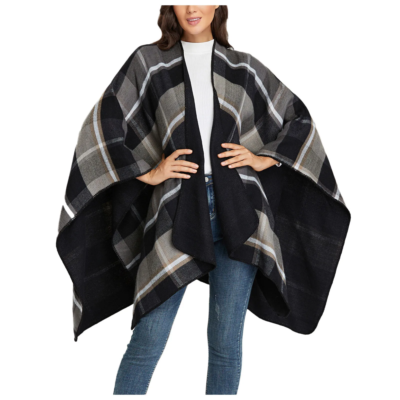 Women's Elegant Shawl Wrap Open Front Plaid Print Knitted Winter Thick Super Soft Cardigans Sweater Ruana Cape Jacket