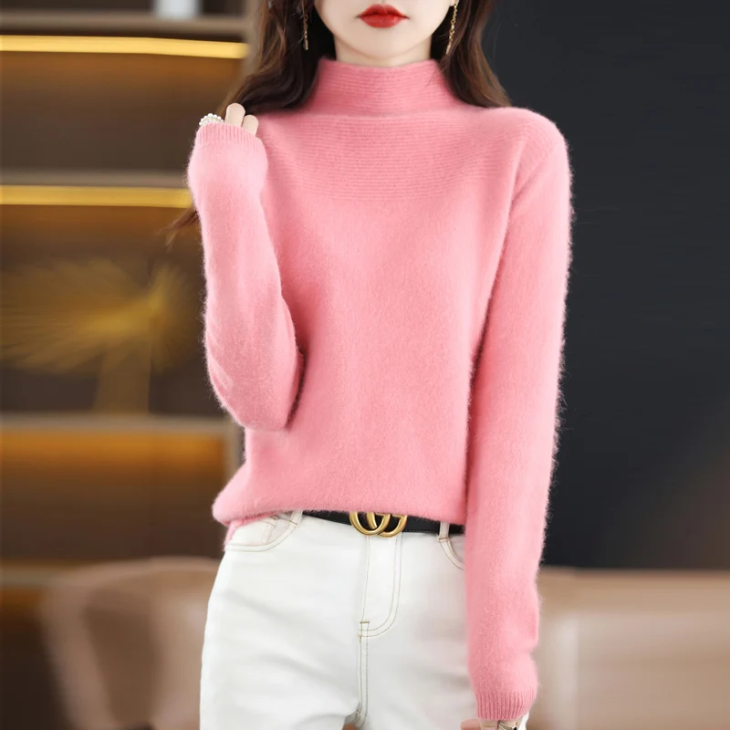 Норковый кашемировый свитер пуловер с полувысоким воротником женский