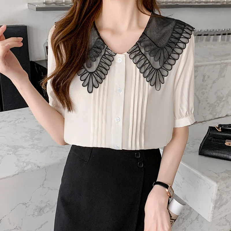 

Summer Women New Fashion Korean Edition Versatile Doll Neck Short Sleeve Top Female Loose Casual Chiffon Shirt Lb055