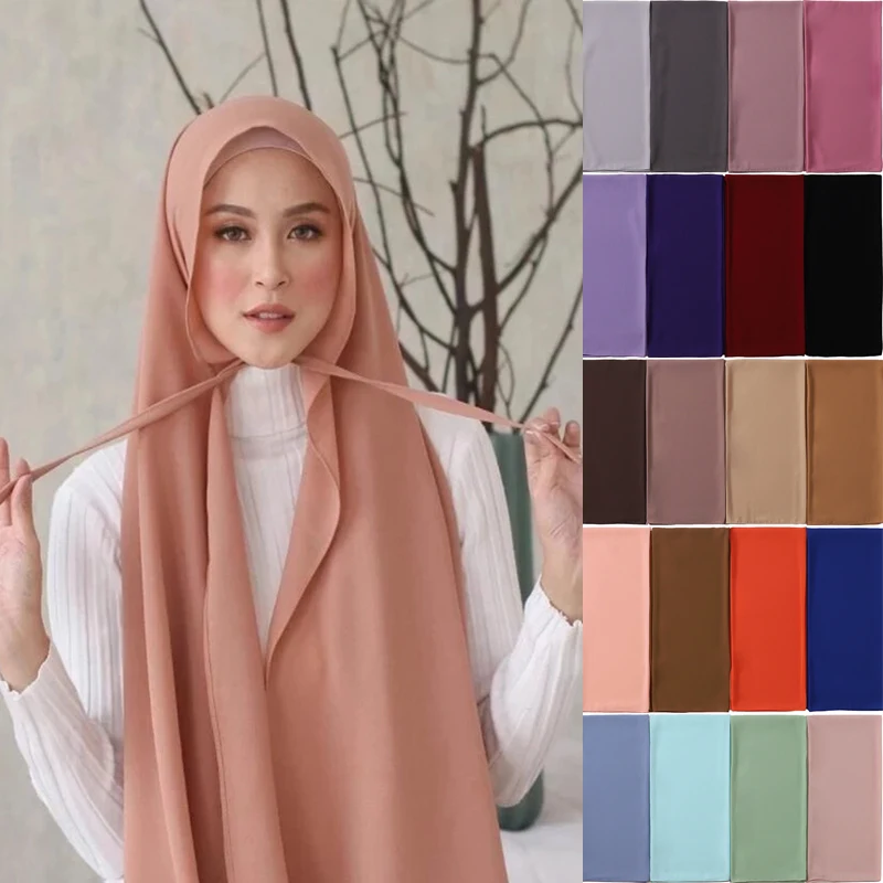 

Мусульманский шифоновый хиджаб, шарф с бандажом, однотонный Удобный головной платок, тюрбан для женщин, модный мусульманский головной плат...