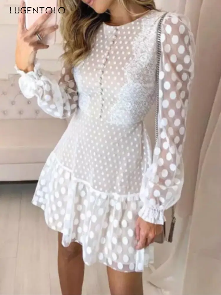 

Chic Lace Dress Women Long Sleeve White O-neck Button Polka-dot Sexy Perspective Lady Empire Elegant Slim Short Clothing