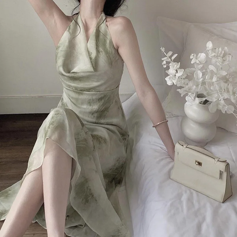 

2023 женское винтажное платье макси без рукавов с вечерние на бретельках, платье миди со складками, модное летнее шикарное платье для женщин