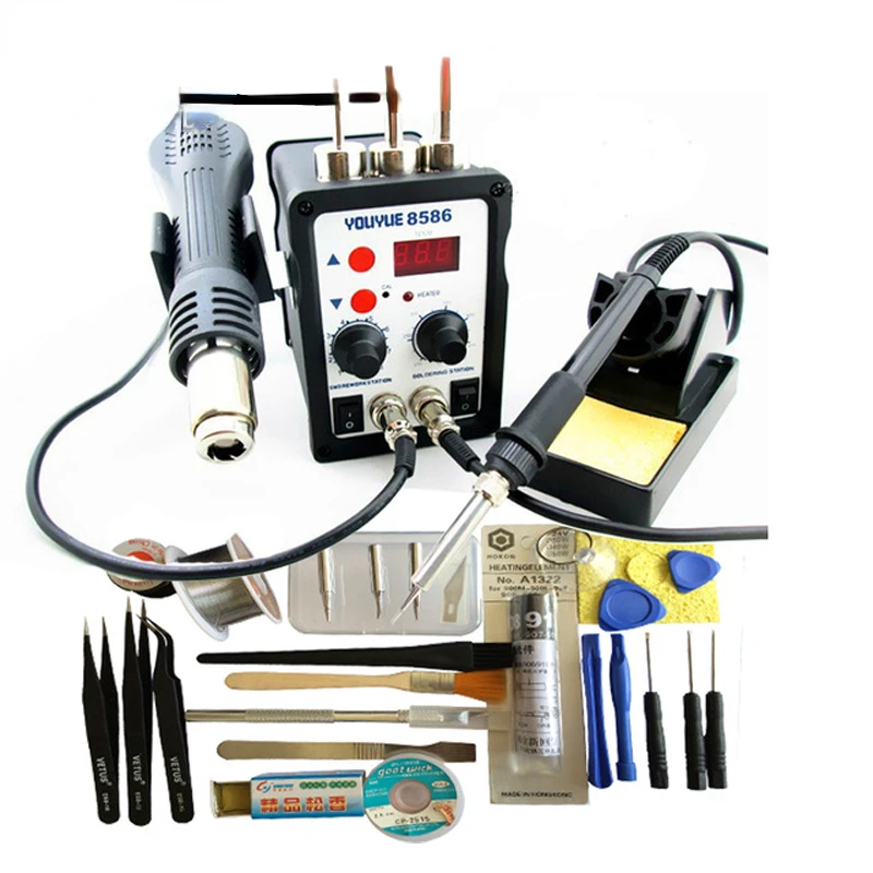 

quality 8586 110V / 220V 700W 2 in 1 SMD Rework Soldering Station Hot Air Gun + Solder Iron With Free Gifts