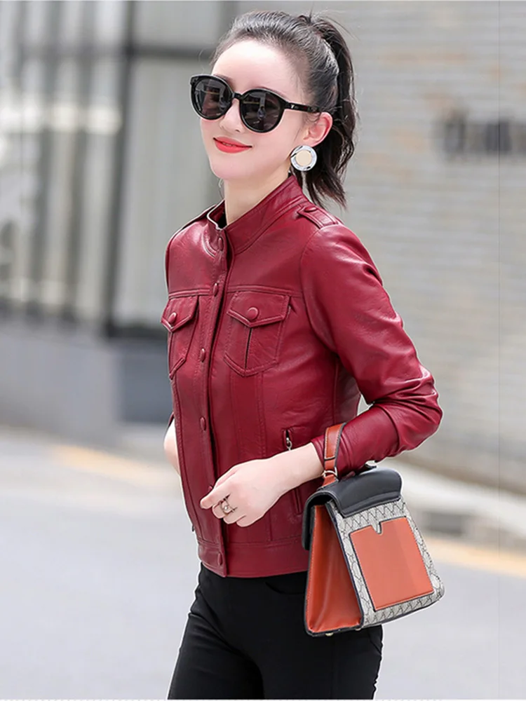 New Women Casual Leather Jacket Spring Autumn Fashion Small Stand Collar Slim Sheepskin Short Coat Biker Jacket Split Leather