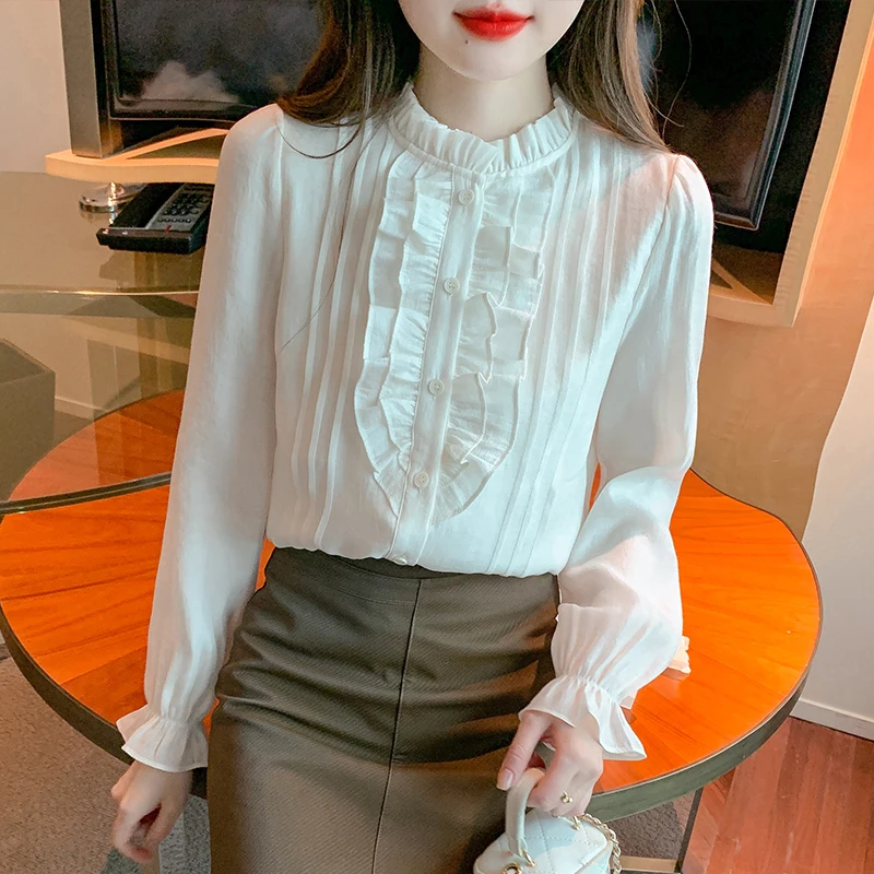 Женская шифоновая рубашка с длинным рукавом воротником-стойкой