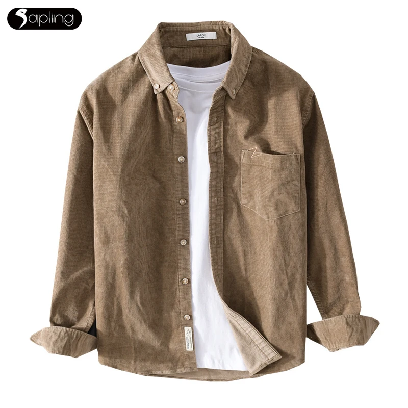 

Men's Casual Shirts Japanese Retro Corduroy Long-sleeved Shirt For Male Simple Versatile Men Fashion Shirt Jacket Men Casual Top