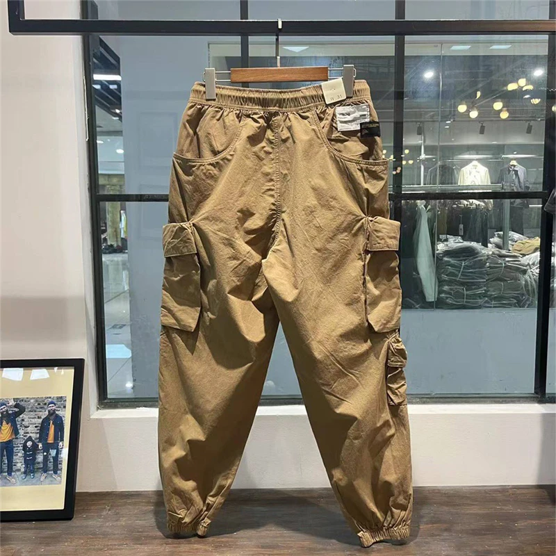 Брюки-карго мужские с множеством карманов тонкие винтажные повседневные штаны в