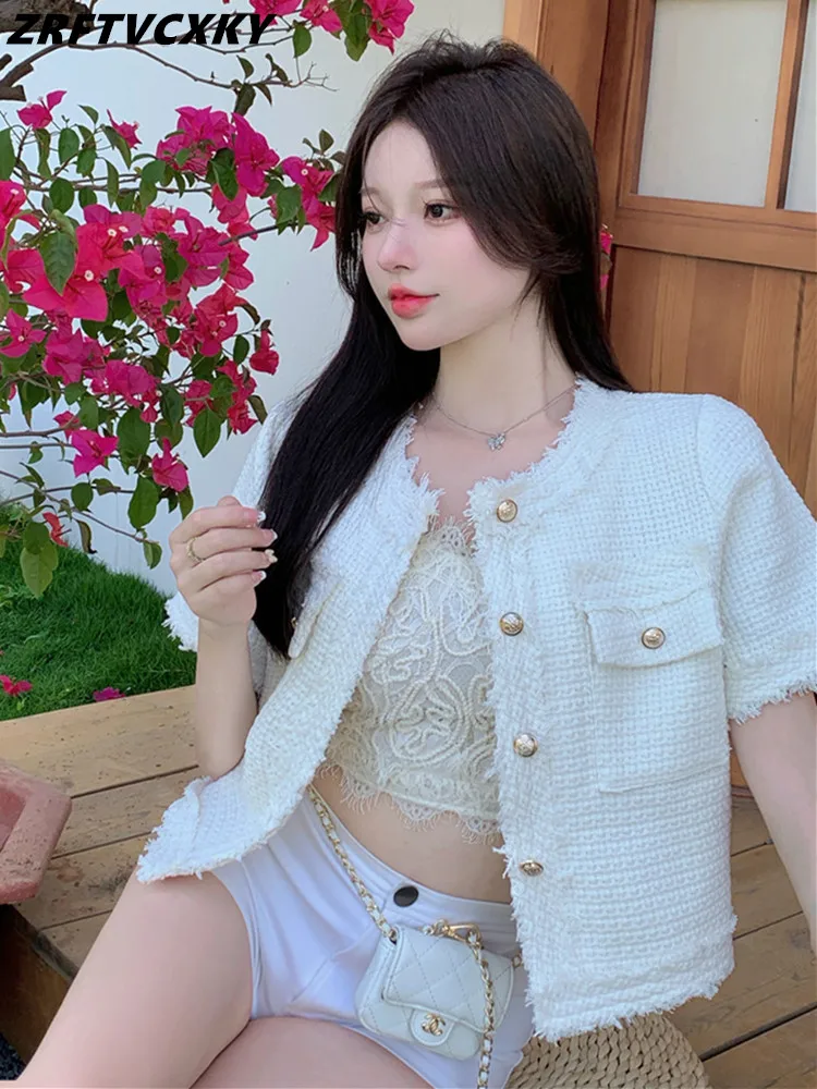 

Korean Chic Elegant Lady White Tweed Coats Women Work Wear 2022 Summer New Short Sleeves Fashion Casual OL Office Jackets Tops