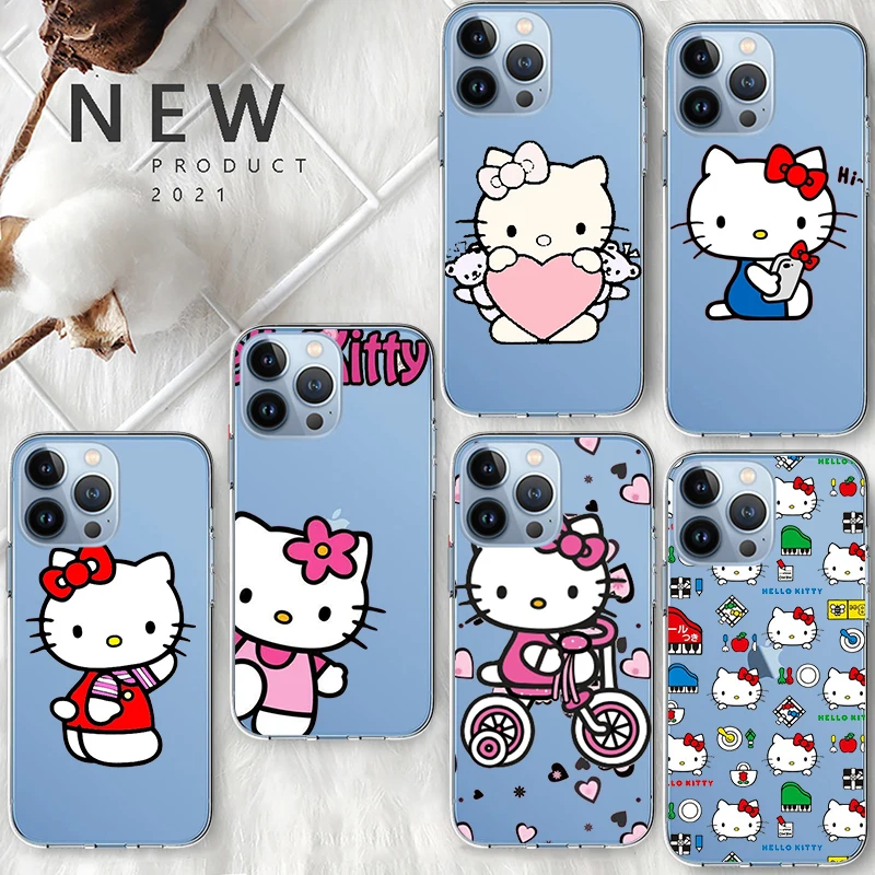 

Cartoon Cute Hello Kitty For Apple iPhone 13 12 Mini 11 XS Pro Max X XR 8 7 6 Plus SE 2020 5 5S Transparent Soft TPU Phone Case