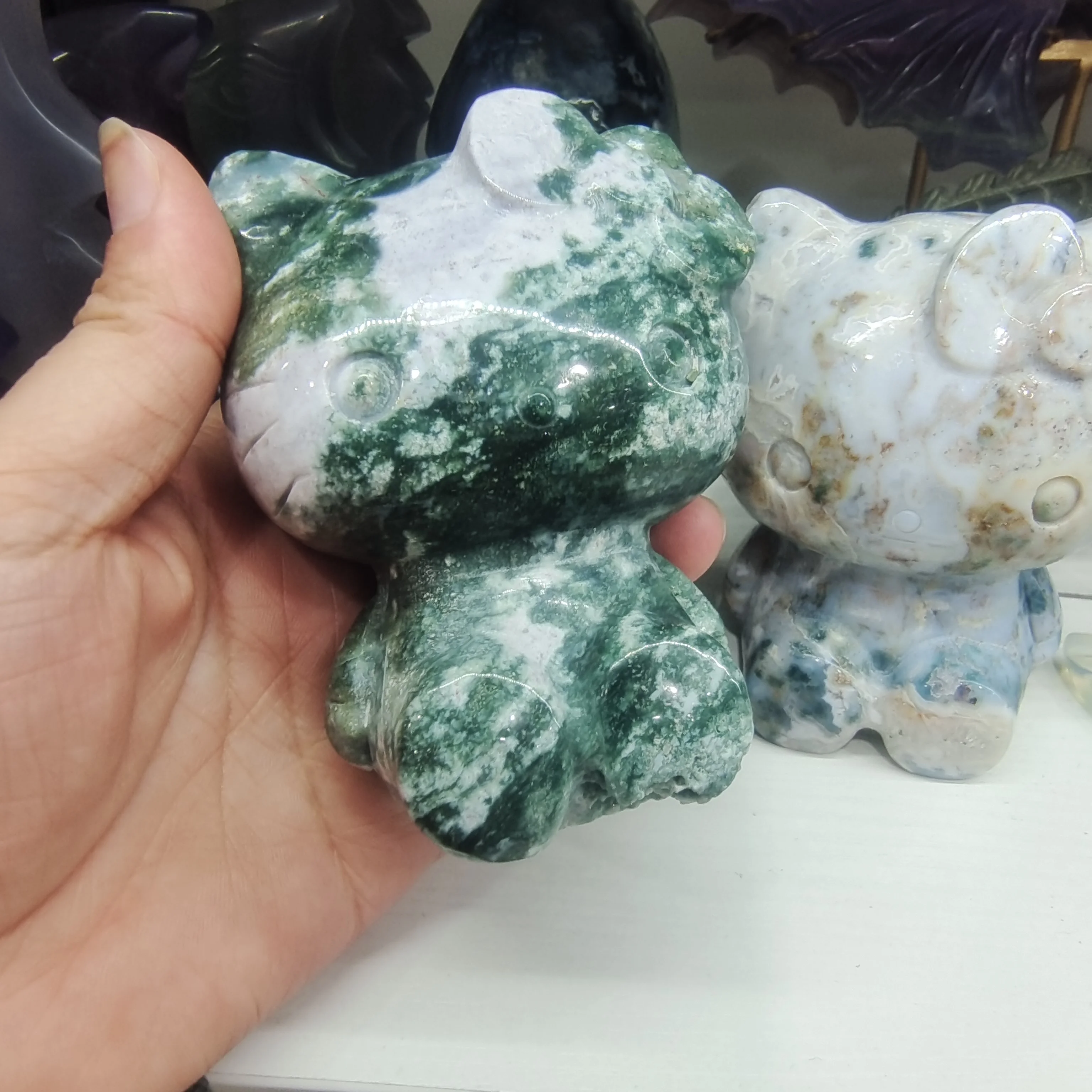 

9.5-10cm Natural energy water grass agate polishing carving different forms of KT cat home decoration style Reiki decoration