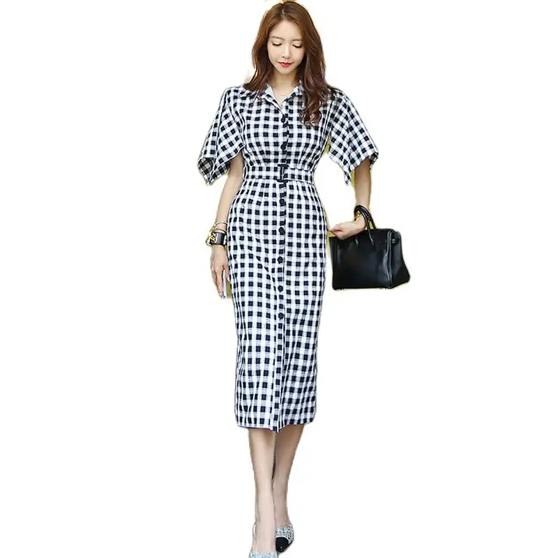 

Summer shirt one piece korean ladies Dresses Short Sleeve V neck traf Sexy Midi Party Dress for women plaid clothing