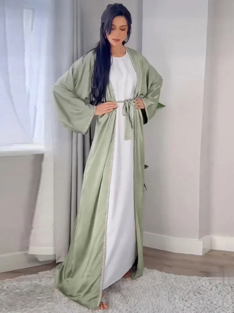 Kimono Abaya Dubai Solid Soft Satin Hot Fix Rhinestone Tape Trim Belted Cardigan Robe Woman Corban Eid Al Adha 2023 New