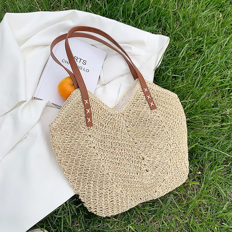 HOCODO Fashion Hand-Woven Straw Bag Summer Beach Travel Bag Female Rattan Women Shoulder Bag Large Capacity Ladies Woven Handbag