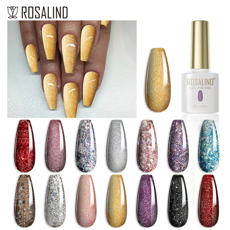 

Rosalind Reflective Glitter Gel Nail Polish Summer Color Sparkling Sequins Varnish Semi Permanent Nail Art Base Top Nail Gel