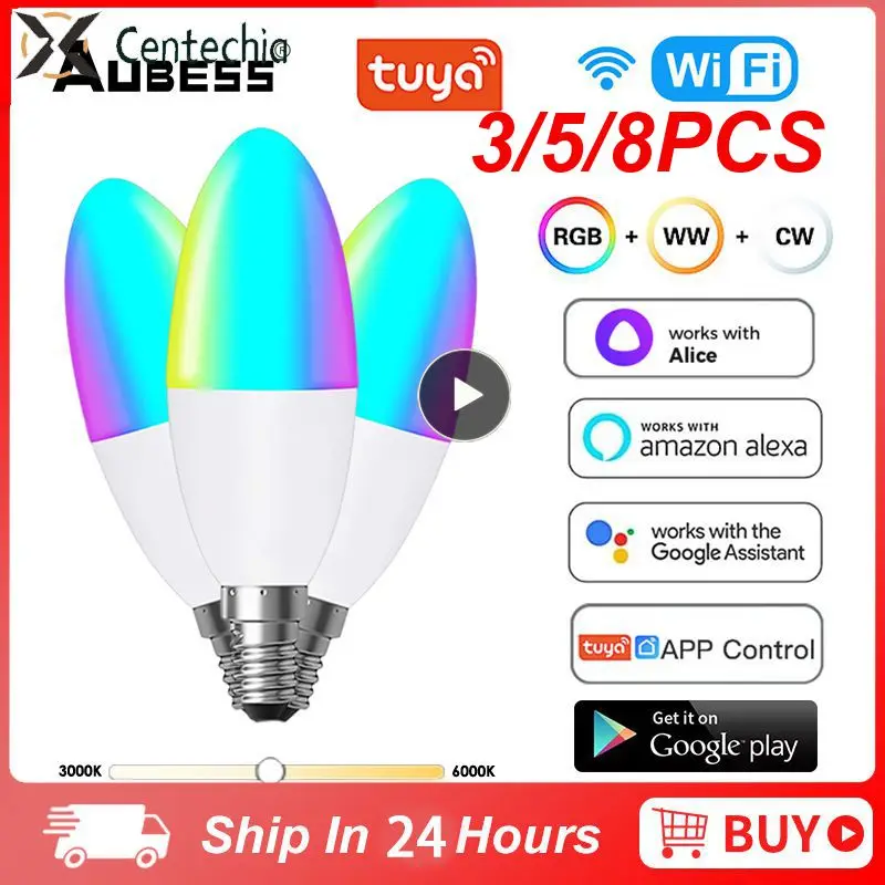 

3/5/8PCS Tuya Wifi Candelabra Lamp Brightness Adjustable Tuya Smart Lamp 5w E14 Light Bulb Rgb With Alexa Google Home Alice