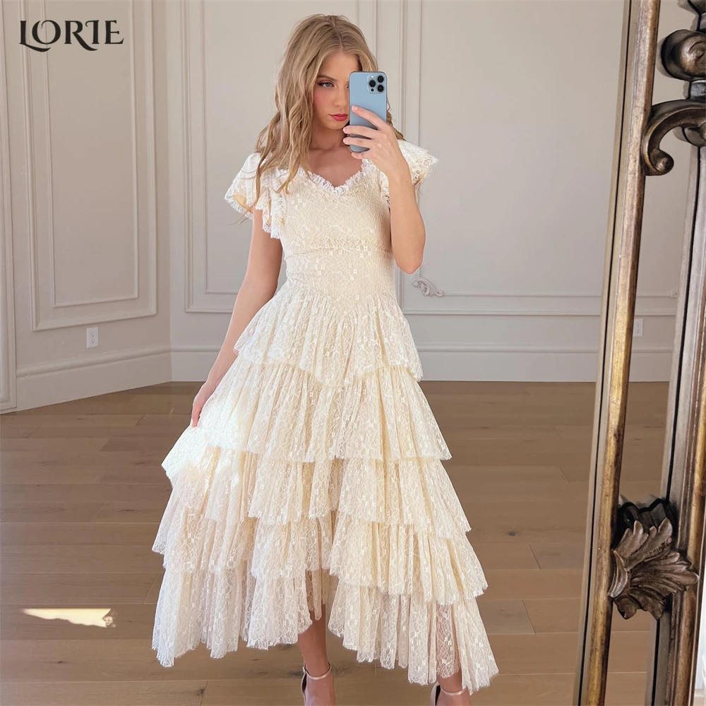 

LORIE Elegant Lace Formal Prom Dresses Ruched V-Neck A-Line School Homecoming Evening Dress Tiered Ruffles Pageant Party Gowns