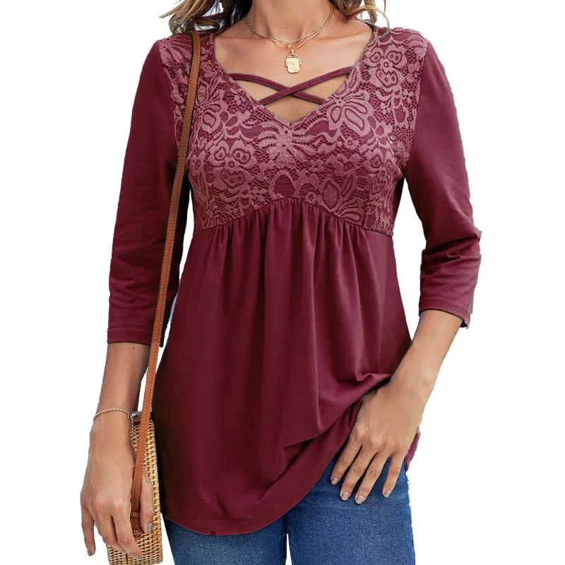 

Женская Однотонная футболка с рукавом три четверти и V-образным вырезом